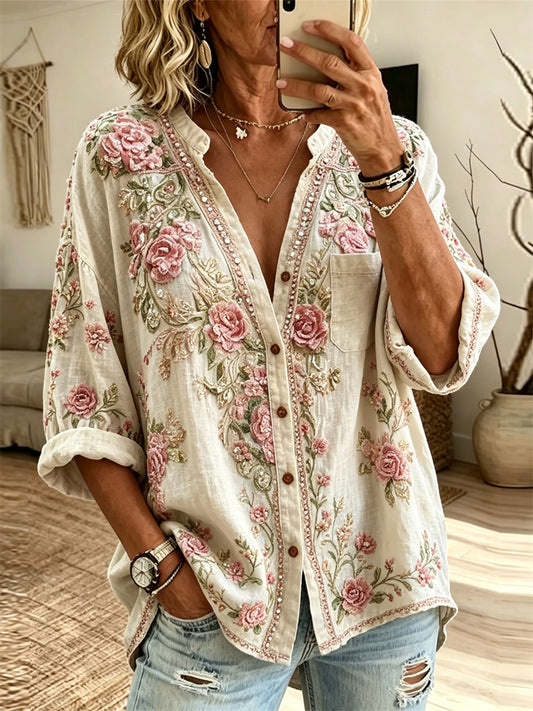 Kvinnors Vintage Pink Floral Boho Konst Skriv ut Lin skjorta