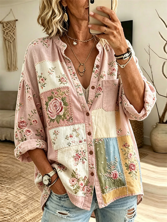 Kvinnors Vintage Rosa Floral Patchwork Konst Skriv ut Lin skjorta