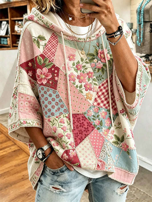 Kvinnlig casual huvtröja med rosa blommönster