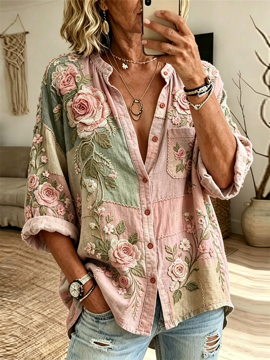 Kvinnors Vintage rosa rosor Floral Patchwork Konst Skriv ut Lin skjorta