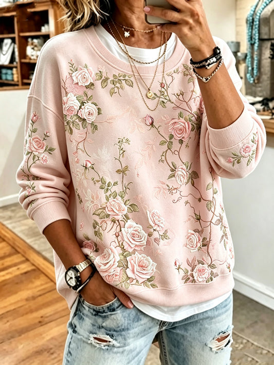 Kvinnor rosa blommiga mönster tryckt casual sweatshirt