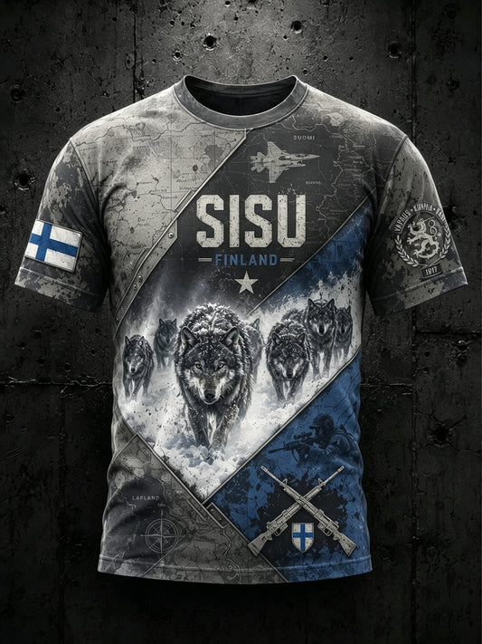 Miesten Sisu-perintö kulttuurielementit taidepainatukset T-paita (suomalainen veteraani)