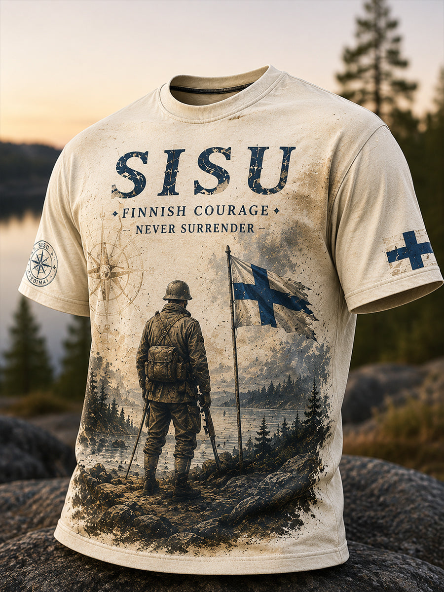 Miesten Sisu-isänmaallinen muistopaita taiteellisella painatuksella – Suomalainen veteraani