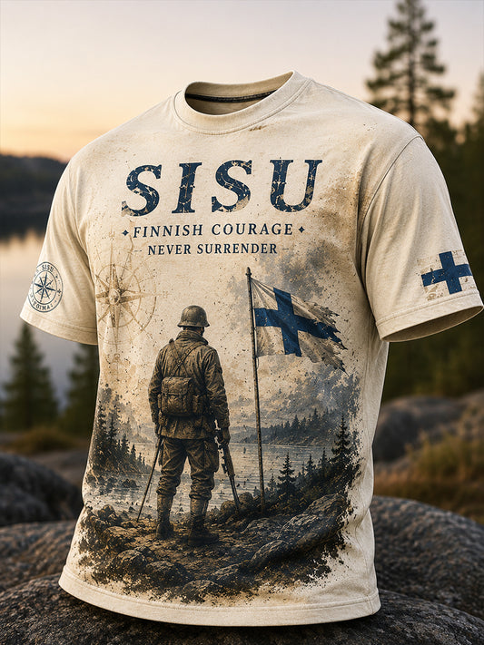 Miesten Sisu-isänmaallinen muistopaita taiteellisella painatuksella – Suomalainen veteraani