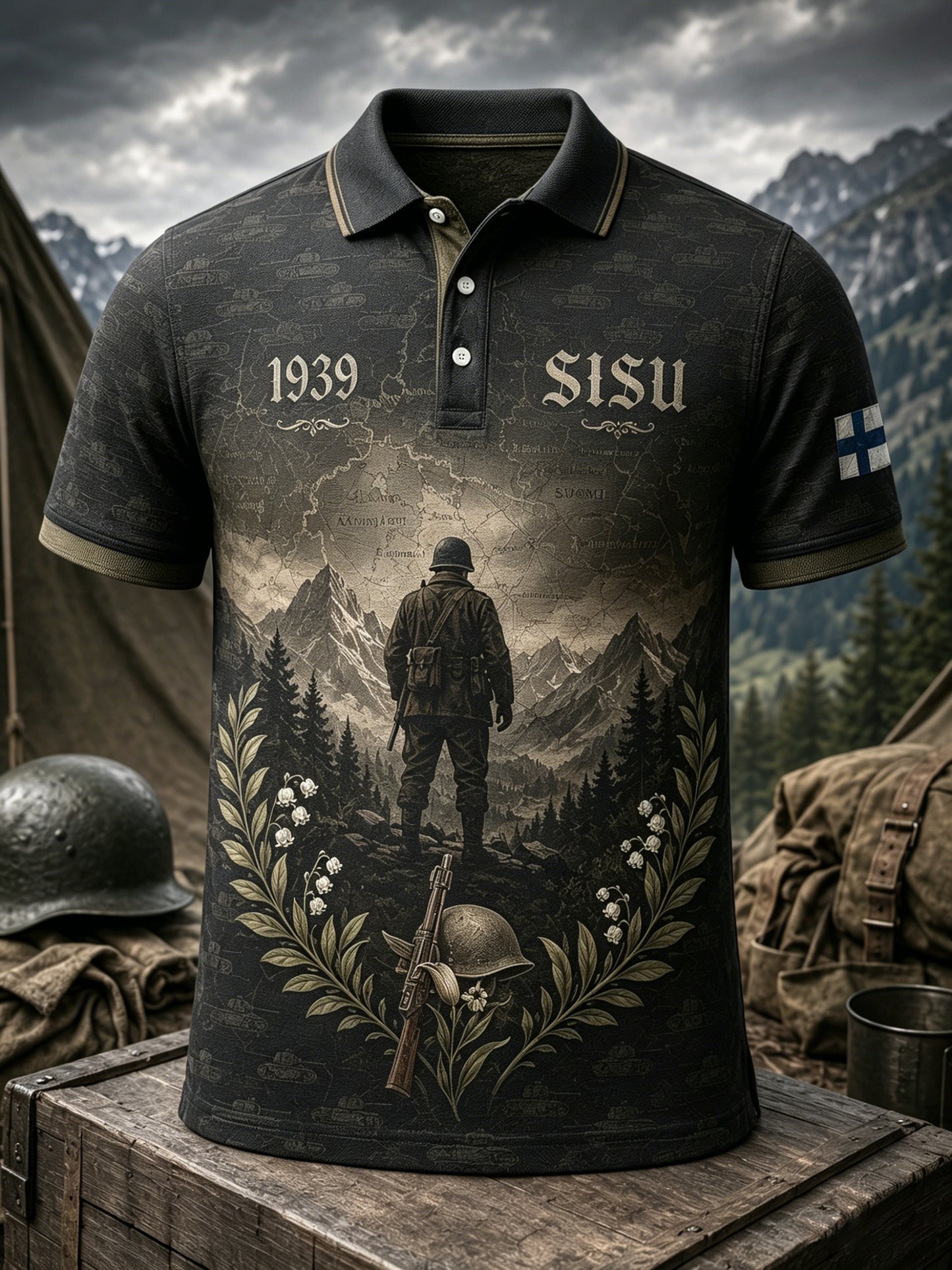 Miesten suomalainen veteraani Sisu -kulttuurielementtejä taidepainatukset polopaita