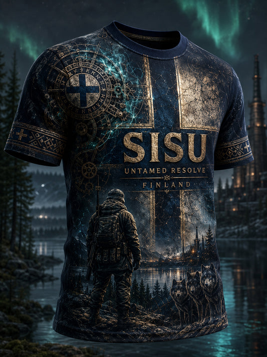Herr Sisu-patriotisk konsttryck avslappnad t-shirt (Finsk veteraninspirerat element)