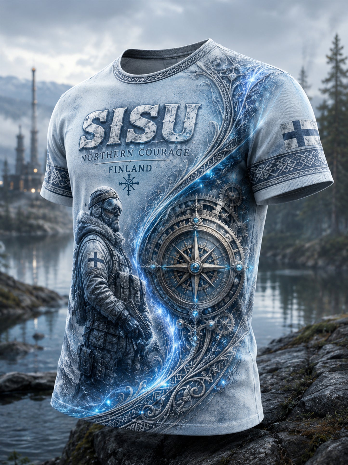 Herr Sisu-patriotisk konsttryck avslappnad t-shirt (Finsk veteraninspirerat element)