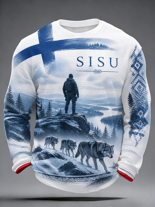 Miesten suomalainen veteraani Sisu -isänmaallinen taidetuloste pitkähihainen paita