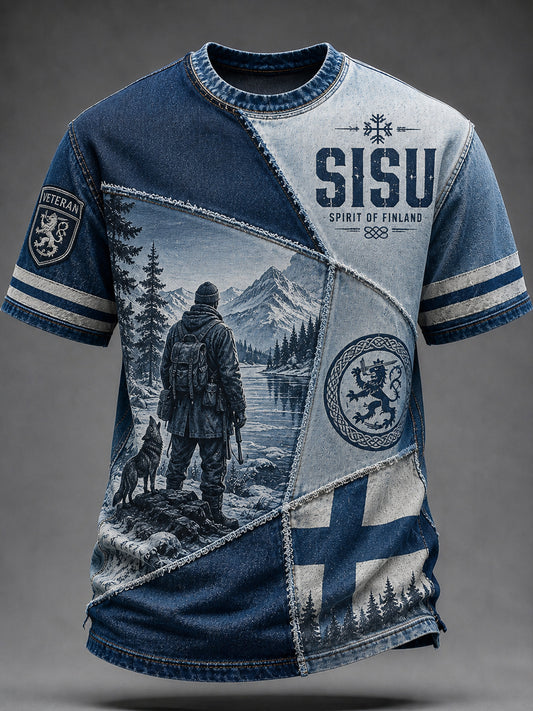 Herrtröja med Sisu-patriotiskt konsttryck och inslag av finsk veterantradition