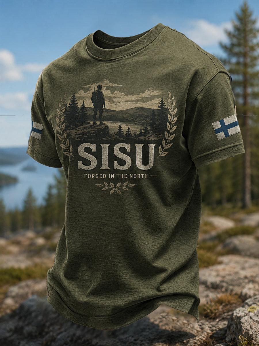 Miesten Sisu-päätös Suomalainen vuoristaruho -painatus rento t-paita