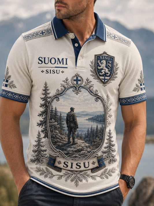 Herrpolotröja Sisu med konstnärlig tryck, som bär vidare på den finländska veteranandens anda