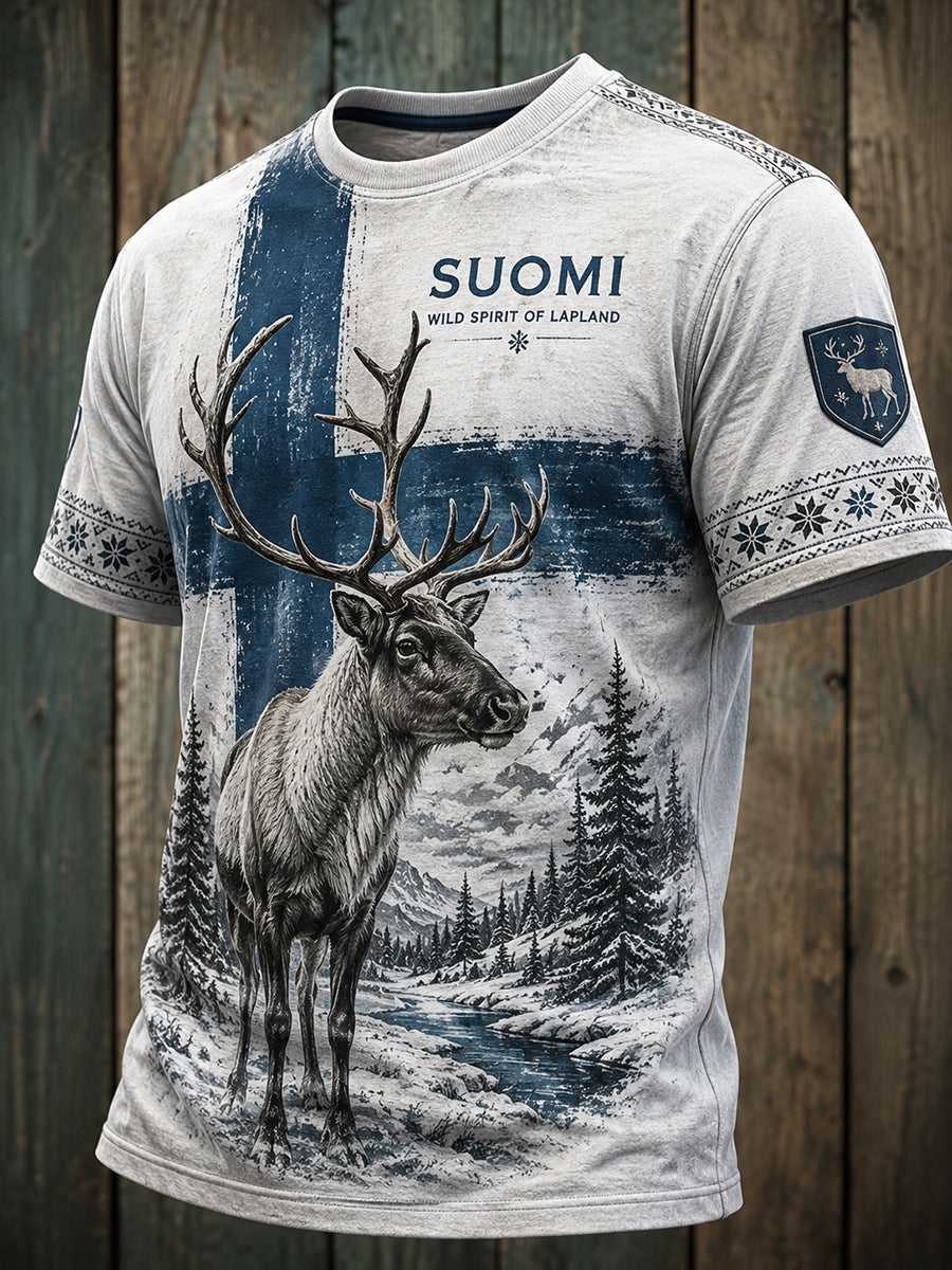 Herrlig t-shirt med finsk arktisk ren – naturlig elementkonsttryck