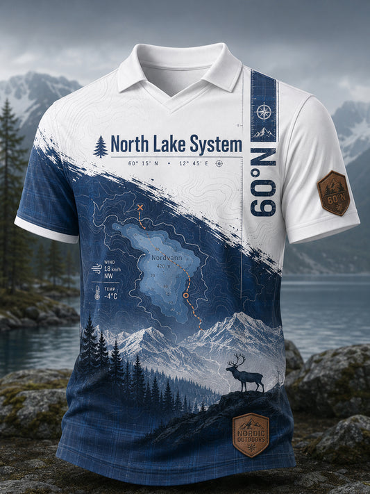 Miesten Suomen järvi Contour Line jää poro Element Art Print V-Neck Toppi
