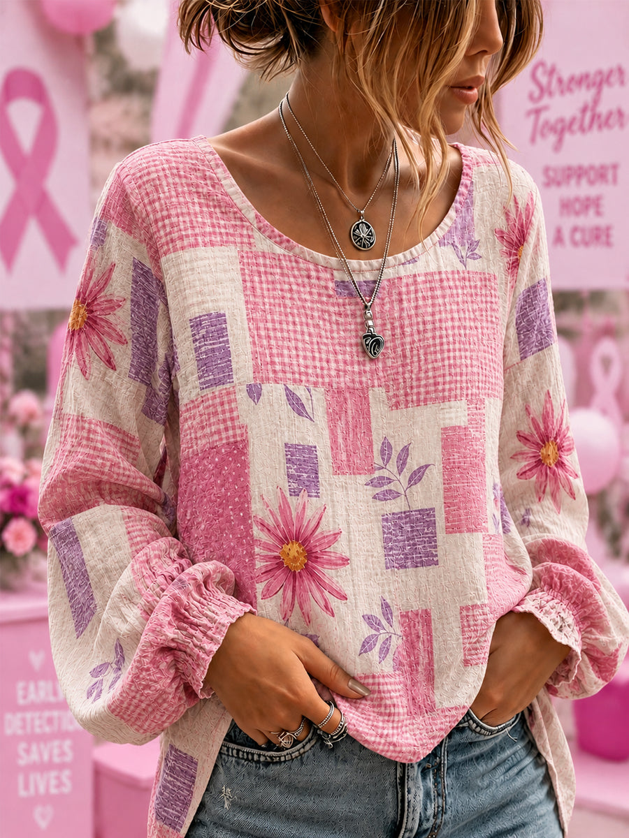 Kvinnors bröstcancer medvetenhet Stöd Blommor Rosa Ribbon bomulls-Linen tröja