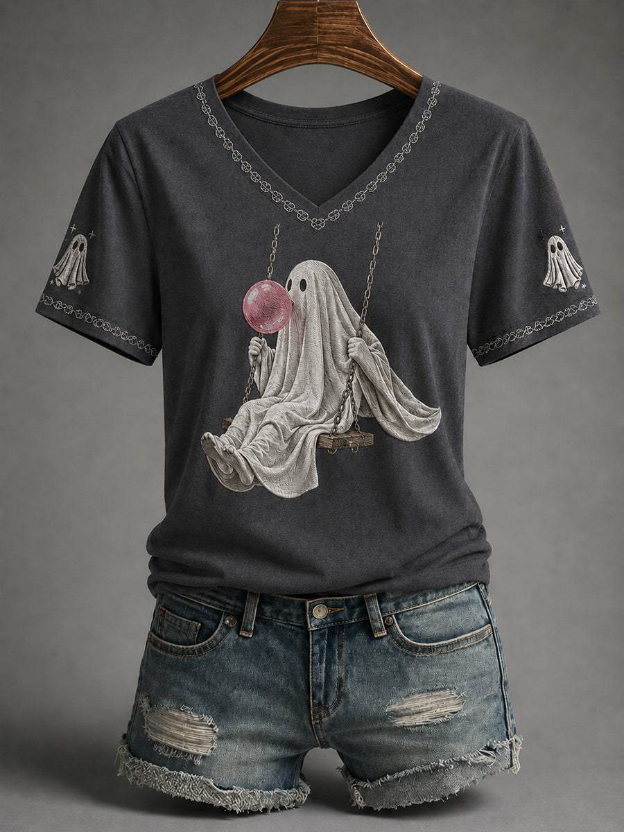 Kvinnors höst säsong Halloween spöke Print Casual V-Hack Tee