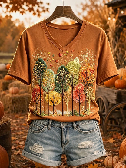 Damens Vintage Höstträd Skriv ut kortärmad T-shirt