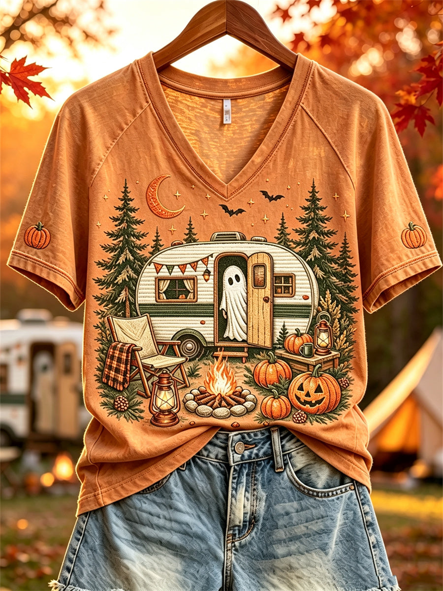 Halloween-spökt-shirt för kvinnor med korta ärmar, tryck med husbil och hösttema