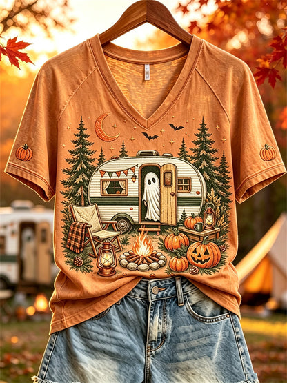 Halloween-spökt-shirt för kvinnor med korta ärmar, tryck med husbil och hösttema
