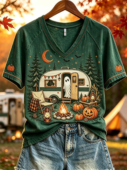 Halloween-spökt-shirt för kvinnor med korta ärmar, tryck med husbil och hösttema