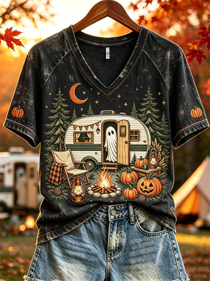 Halloween-spökt-shirt för kvinnor med korta ärmar, tryck med husbil och hösttema