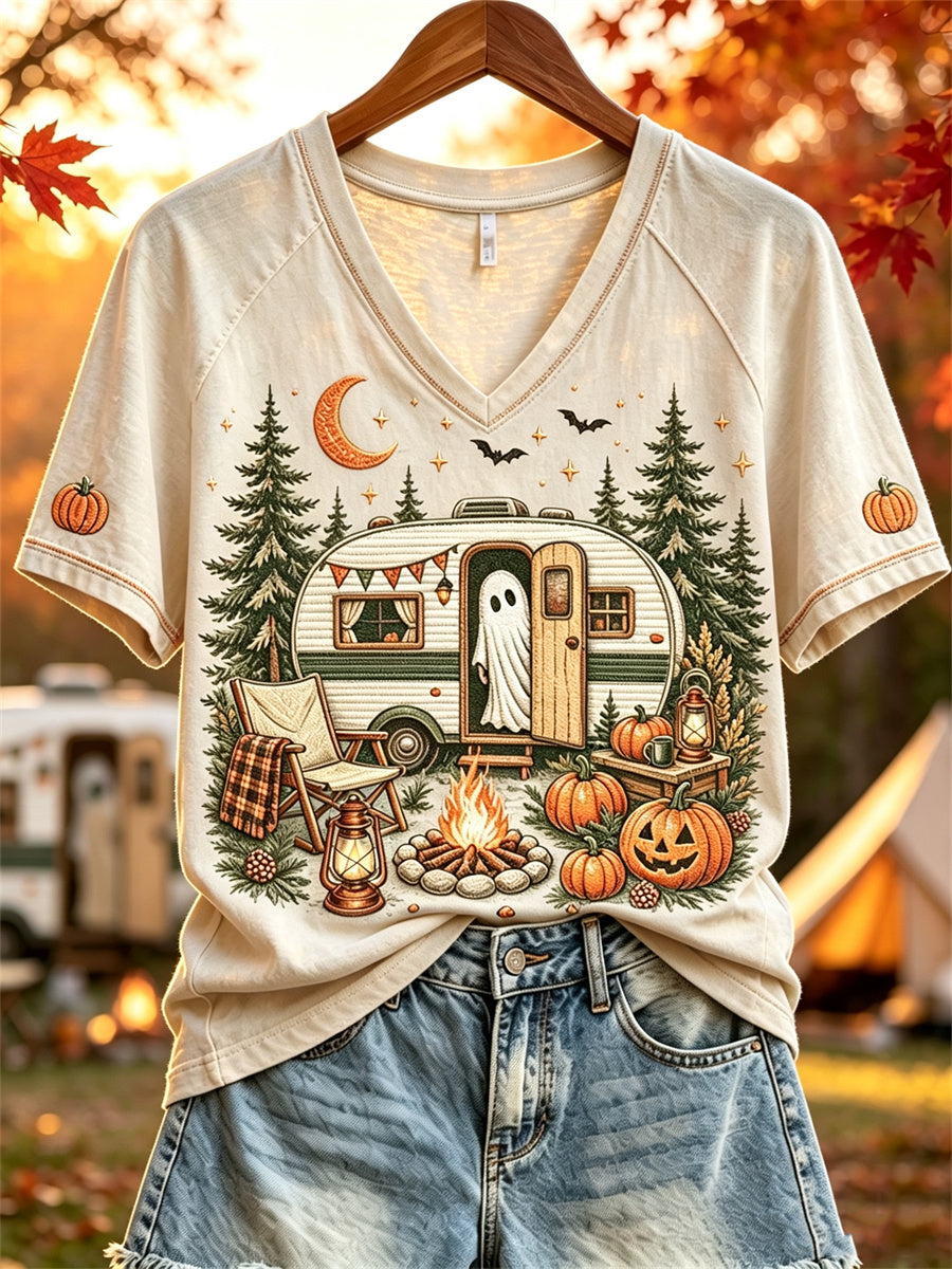 Halloween-spökt-shirt för kvinnor med korta ärmar, tryck med husbil och hösttema
