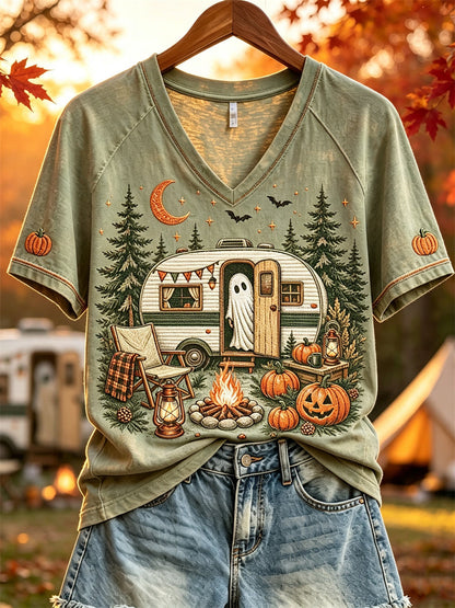 Halloween-spökt-shirt för kvinnor med korta ärmar, tryck med husbil och hösttema