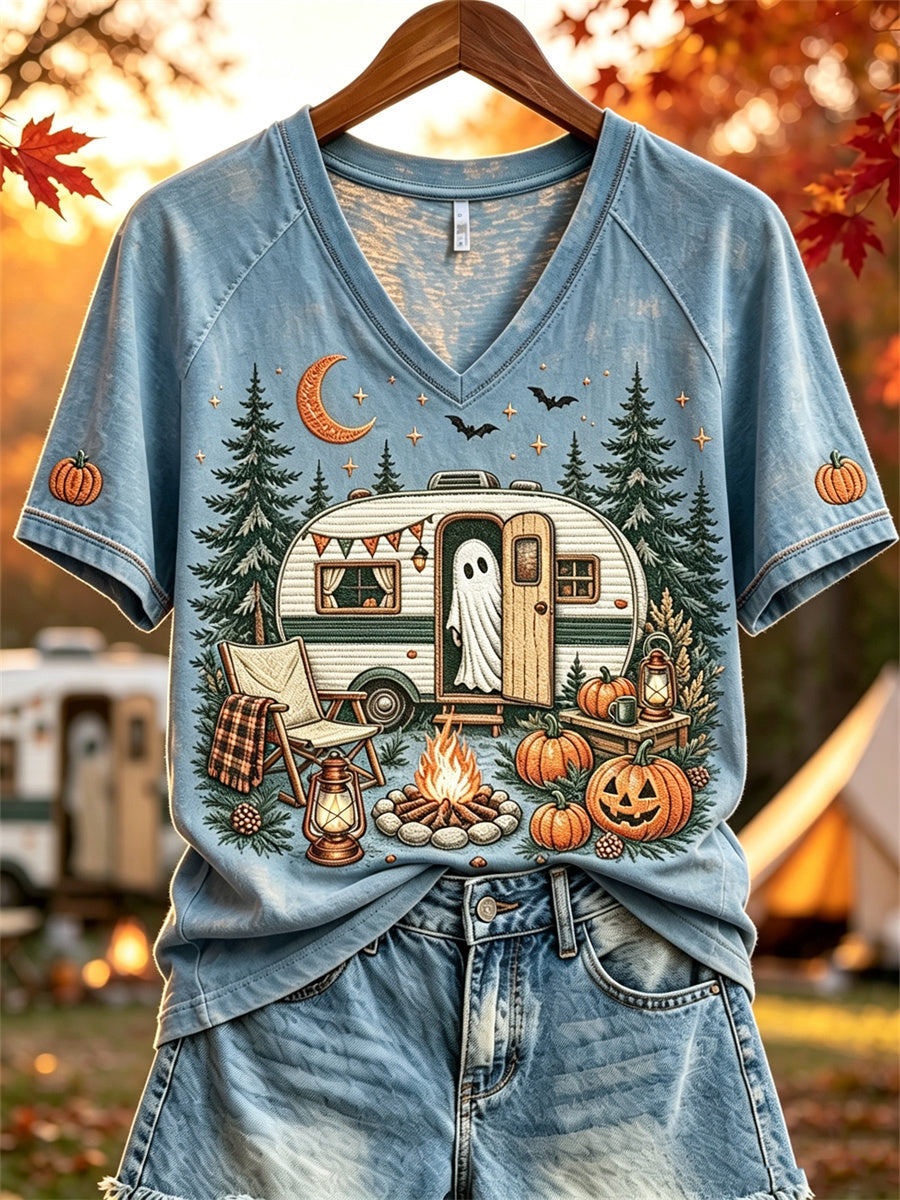 Halloween-spökt-shirt för kvinnor med korta ärmar, tryck med husbil och hösttema