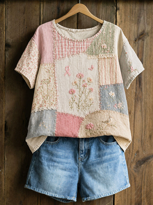 Kvinnlig t-shirt med blommönster för bröstcancerförebyggande och medvetenhet – avslappnad stil