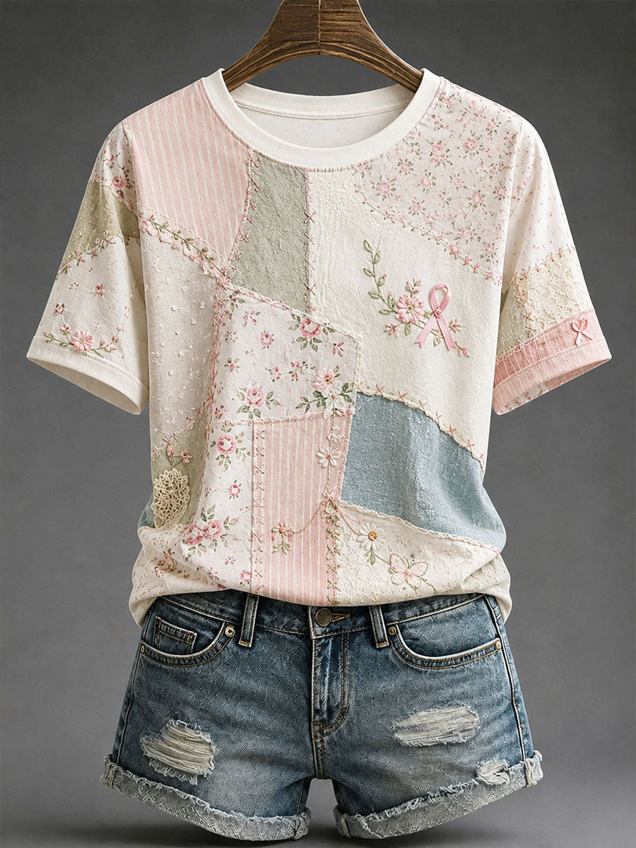 Kvinnlig t-shirt med blommönster för bröstcancerförebyggande och medvetenhet – avslappnad stil