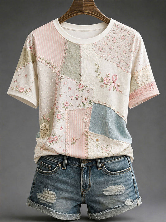 Kvinnlig t-shirt med blommönster för bröstcancerförebyggande och medvetenhet – avslappnad stil