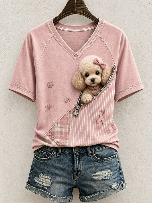 Kvinnlig söt t-shirt i patchwork med pudelmotiv