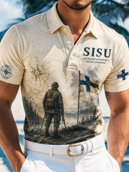 Miesten Sisu Polo taiteellisella tulostuksella suomalaisten veteraanien henki innoittuu