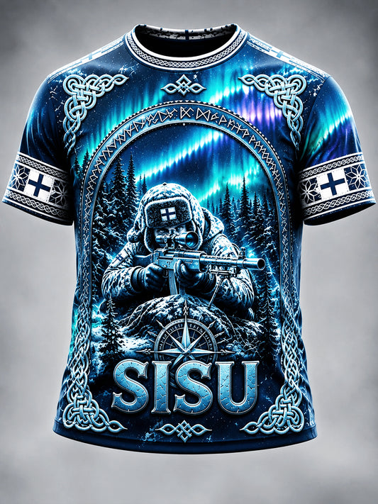 Miesten sininen suomalainen sotilaallinen "Sisu" Henki Sniper Print Casual T-paito
