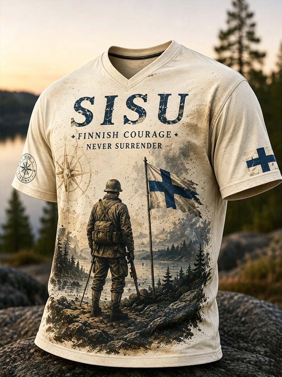 Miesten Sisu Veteran Henki Art Tulosta V-kaula T-paita