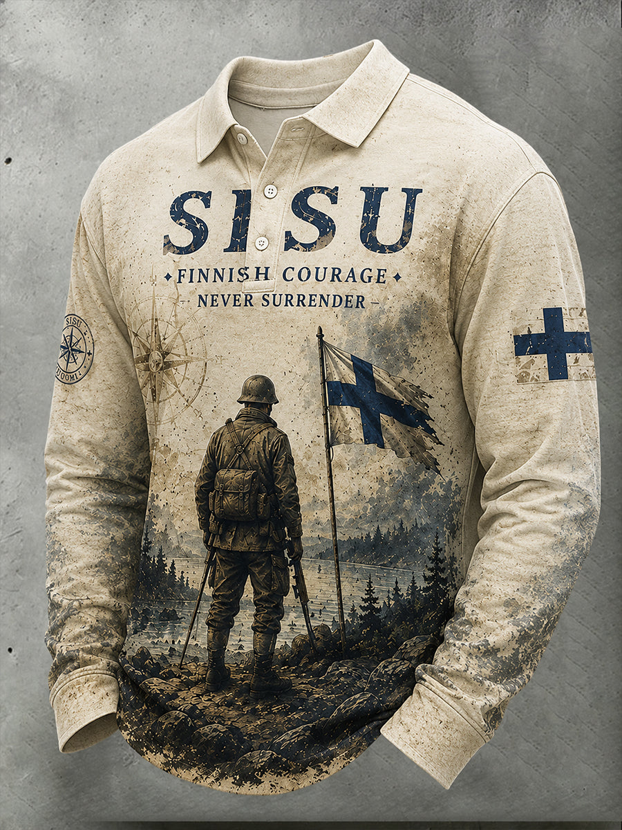 Miesten Sisu Pitkähihainen Polo-paita Taiteellisella tulostuksella Esittävät elementtejä suomalaisesta veteraanin henkin