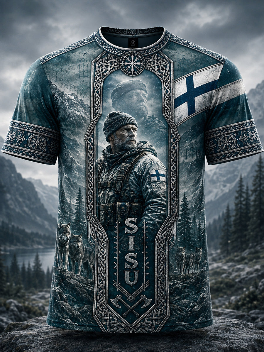 Miesten suomalainen veteraani Sisu -kulttuurielementit taidetuloste, rento t-paita