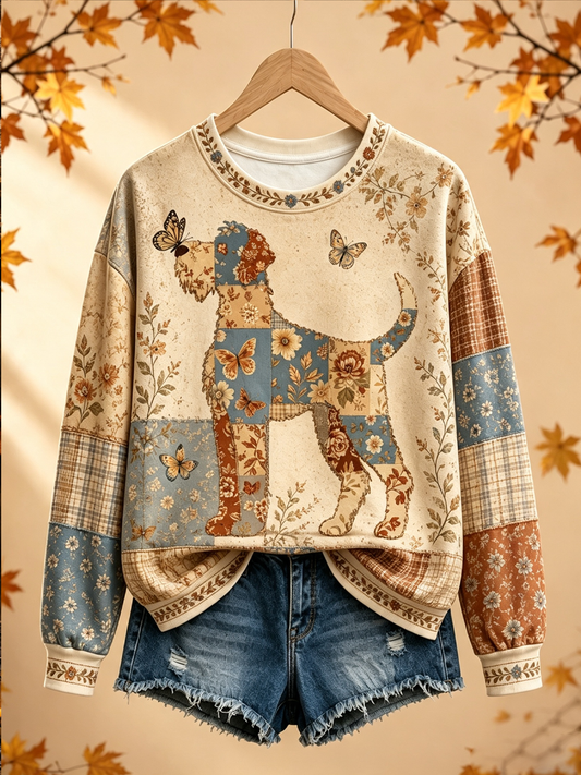 Damsweatshirt i höstlig patchworkdesign med hundmönster, normal passform