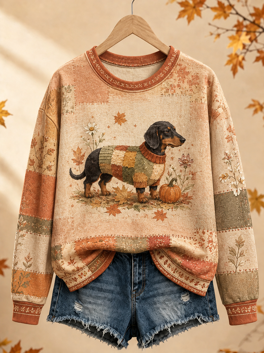 Damsweatshirt i höstlig patchworkdesign med hundmönster, normal passform