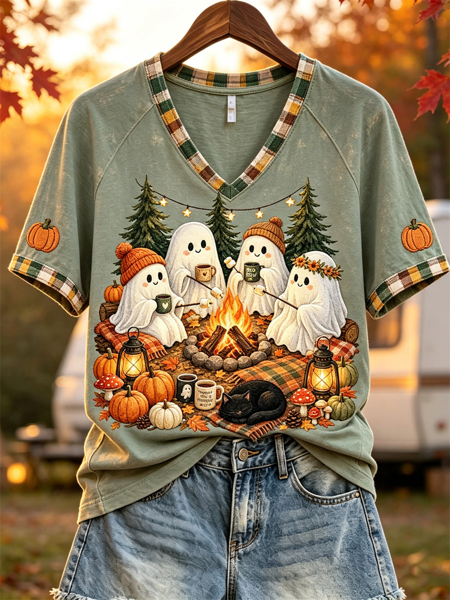 Kvinnors Halloween Spöken Mysig Fall Camping Skriv ut kort ärm T-shirt