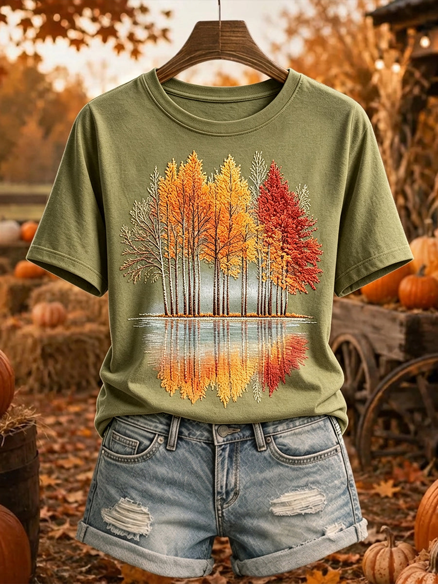 Kvinnlig vintage-t-shirt med tryck av höstträd, mysig och kortärmad
