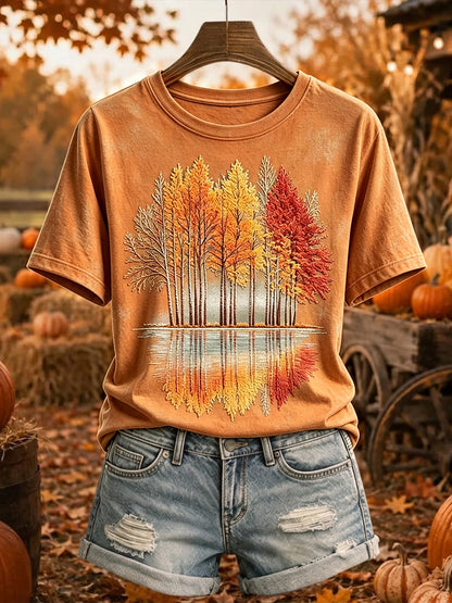 Kvinnlig vintage-t-shirt med tryck av höstträd, mysig och kortärmad