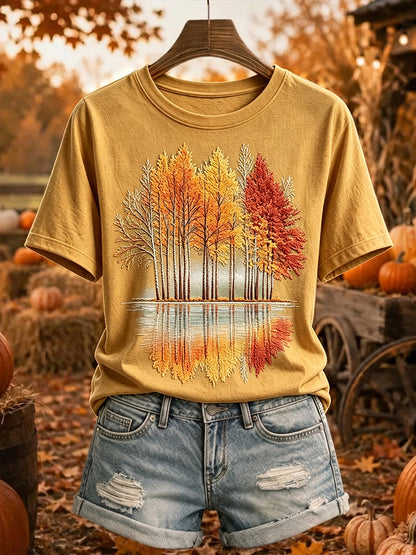 Kvinnlig vintage-t-shirt med tryck av höstträd, mysig och kortärmad