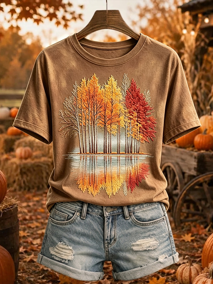 Kvinnlig vintage-t-shirt med tryck av höstträd, mysig och kortärmad