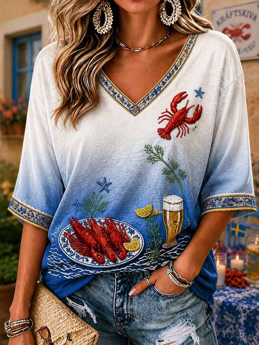 Kvinnors Swedish Lobster Festival Mönster Tryckt T-shirt