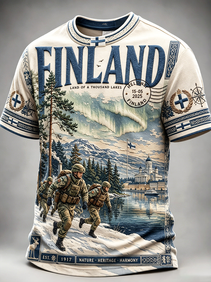 Miesten Vintage Suomen Armeija Sisu Print Casual T-paito