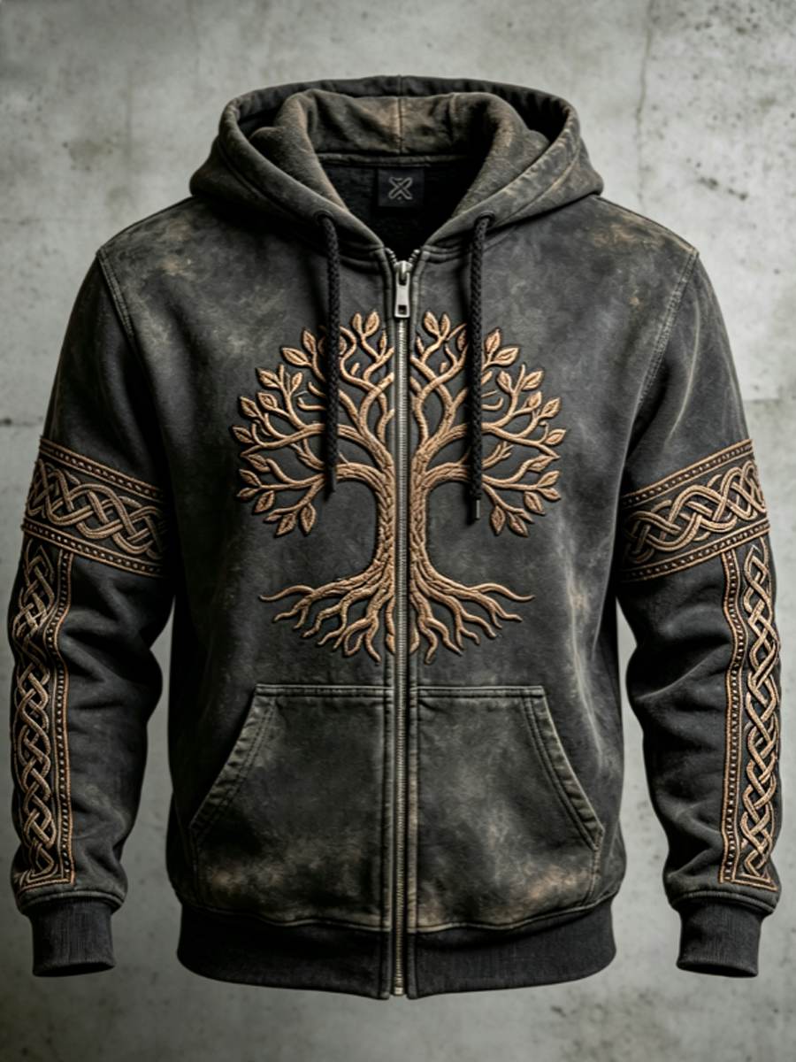 Mäns Retro Viking Valknut träd liv färgblock design konst zip-Up Hoodie