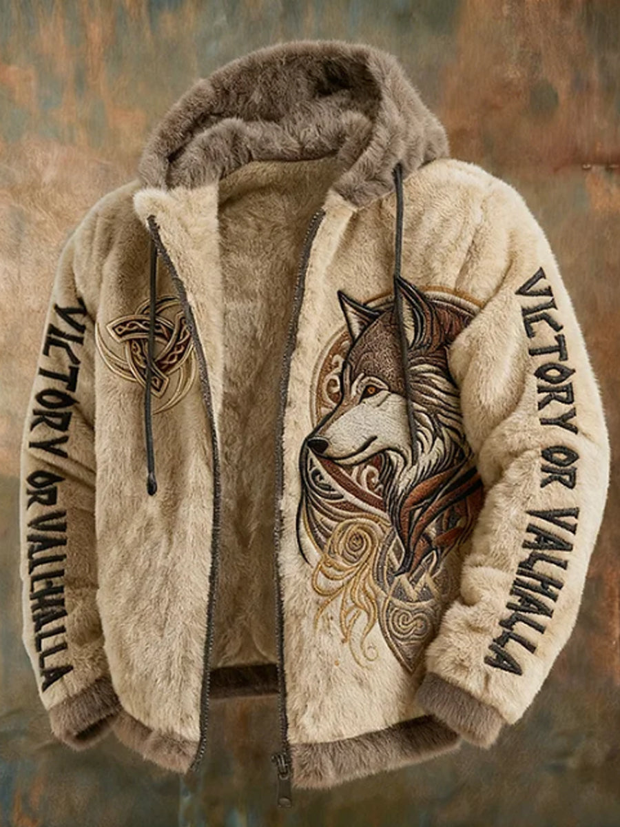 Mäns Viking Tribal Jacquard Celtic med vargar inspirerad Plush varm dragkedjacka