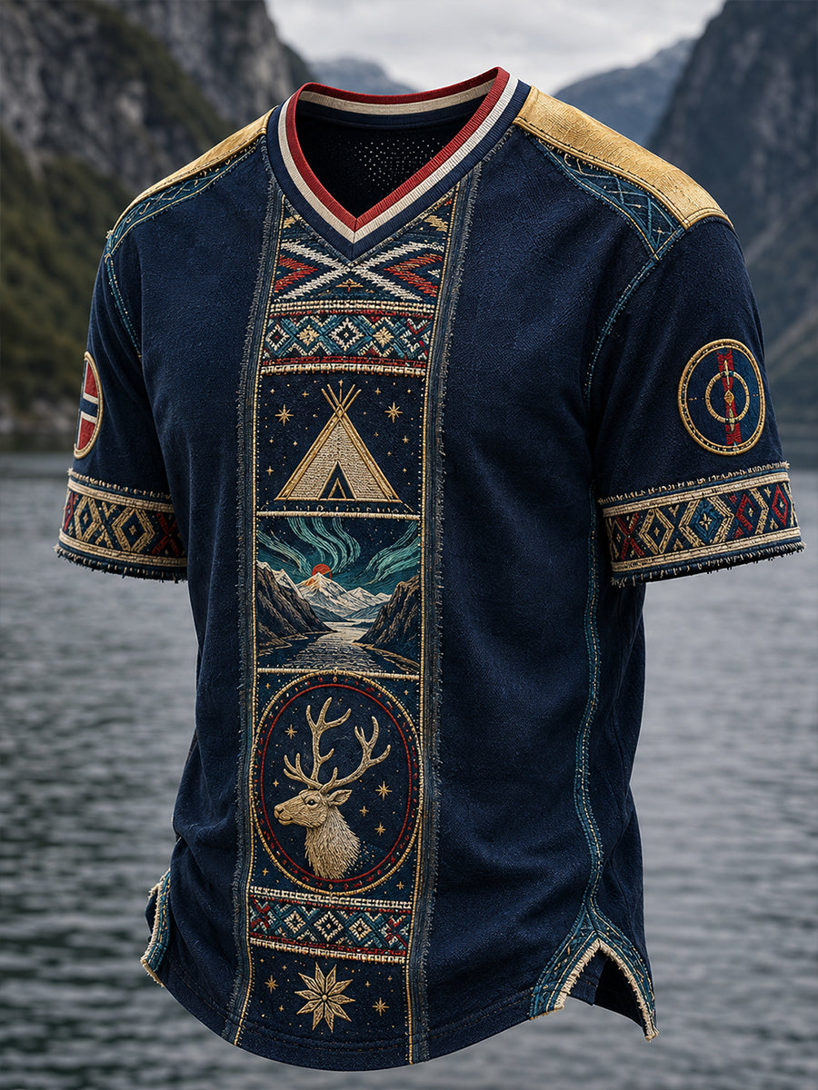 Mäns norska samiska kulturella element Konst Skriv ut V-Hack T-shirt