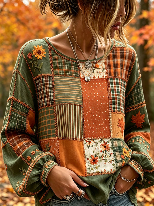 Damskjorta i vintagestil för hösten med fallande löv, blommönster, färgblock, patchwork och bomull-linnekvalitet