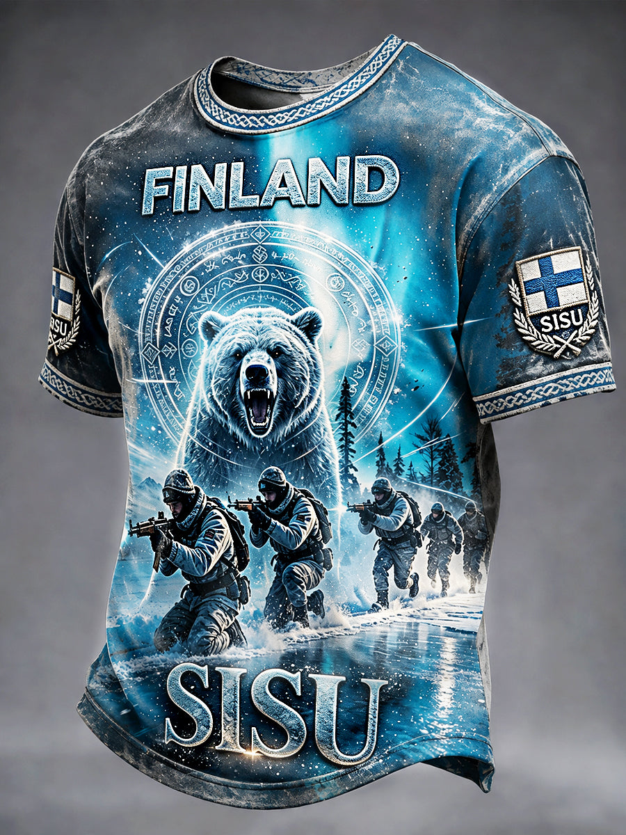 Miesten vintage-suomalainen karhu-veteraani ’Sisu’-henki -painokuvioinen rento t-paita